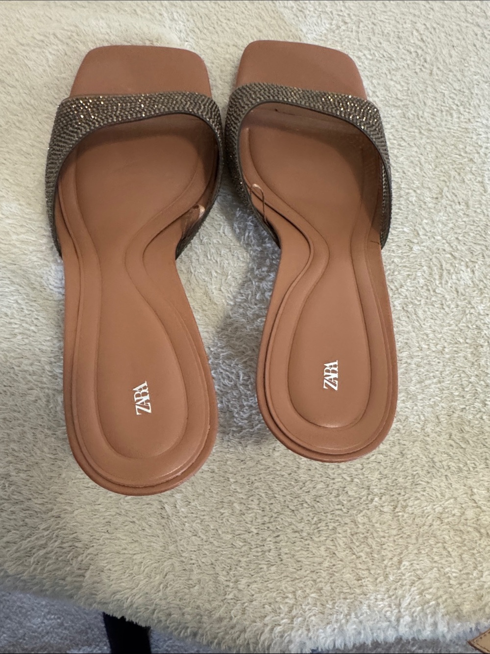 ZARA Tan Slide Sandals with Sparkle-Embellished Strap